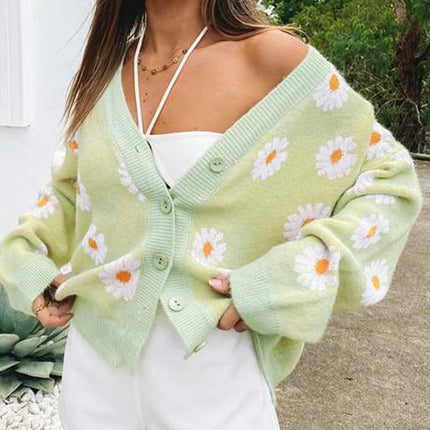 Fresh Daisy Button Cardigan Sweater Women's Autumn Fashion V-neck Knitted Jacket