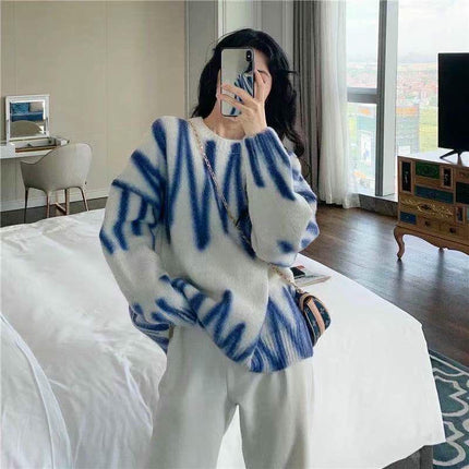 Women's Dyed Pullover Sweater-Loose Autumn and Winter Printed Knitted Sweater