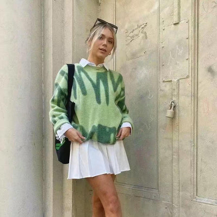Women's Dyed Pullover Sweater-Loose Autumn and Winter Printed Knitted Sweater