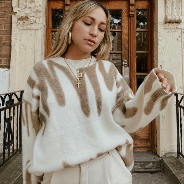 Women's Dyed Pullover Sweater-Loose Autumn and Winter Printed Knitted Sweater