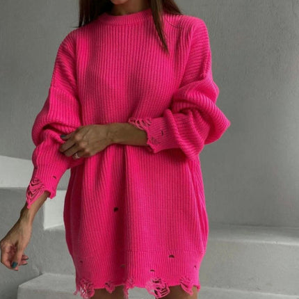 Women's Loose Solid Color Long Knitted Sweater Dress Round Neck Ripped Sweater