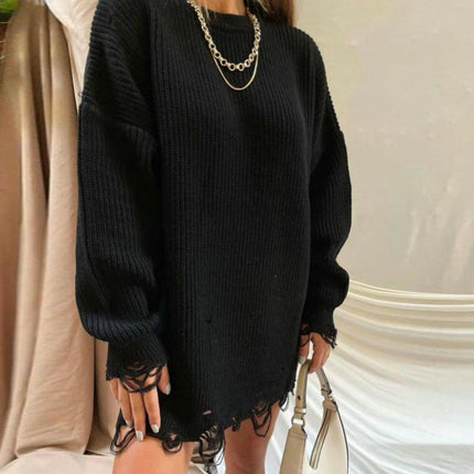 Women's Loose Solid Color Long Knitted Sweater Dress Round Neck Ripped Sweater