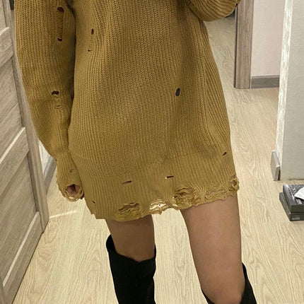 Women's Loose Solid Color Long Knitted Sweater Dress Round Neck Ripped Sweater