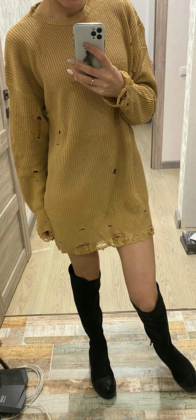 Women's Loose Solid Color Long Knitted Sweater Dress Round Neck Ripped Sweater