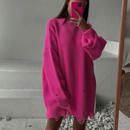 Women's Loose Solid Color Long Knitted Sweater Dress Round Neck Ripped Sweater