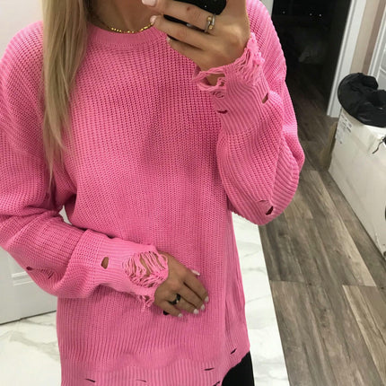 Women's Loose Solid Color Long Knitted Sweater Dress Round Neck Ripped Sweater