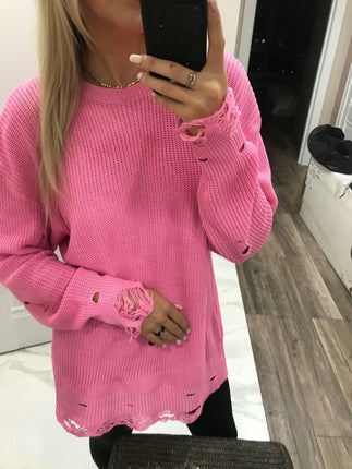 Women's Loose Solid Color Long Knitted Sweater Dress Round Neck Ripped Sweater