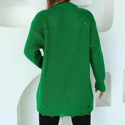 Women's Loose Solid Color Long Knitted Sweater Dress Round Neck Ripped Sweater