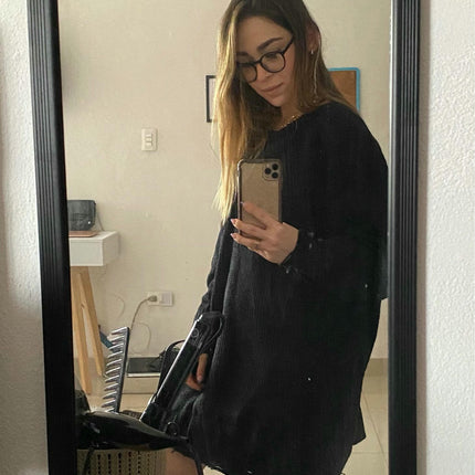 Women's Loose Solid Color Long Knitted Sweater Dress Round Neck Ripped Sweater