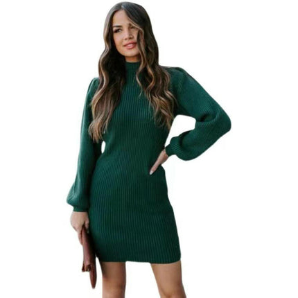Mock Neck Sweater Dresses for Women Long Lantern Sleeve Fall Ribbed Knit Sweater