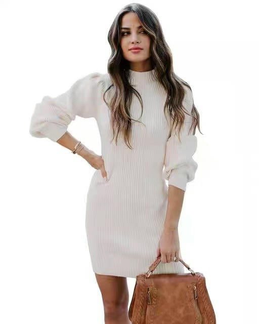 Mock Neck Sweater Dresses for Women Long Lantern Sleeve Fall Ribbed Knit Sweater