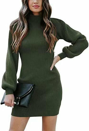 Mock Neck Sweater Dresses for Women Long Lantern Sleeve Fall Ribbed Knit Sweater
