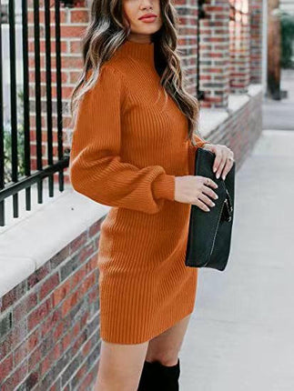 Mock Neck Sweater Dresses for Women Long Lantern Sleeve Fall Ribbed Knit Sweater