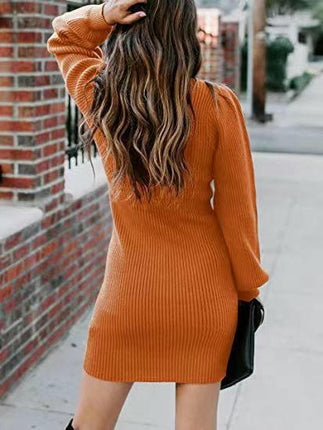 Mock Neck Sweater Dresses for Women Long Lantern Sleeve Fall Ribbed Knit Sweater
