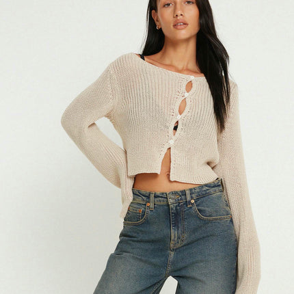 Women's Long Sleeve Short Sexy Hollow Button Knit Cardigan Top