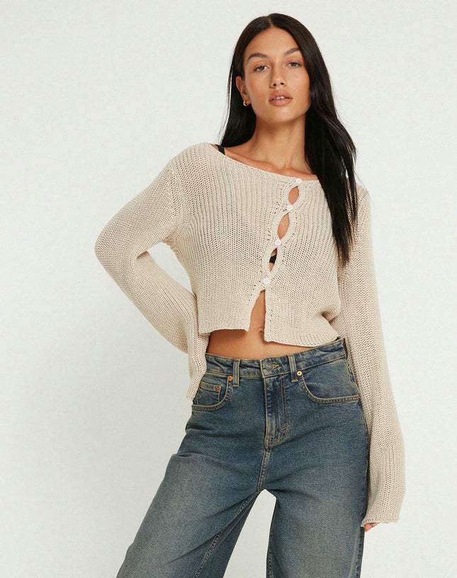 Women's Long Sleeve Short Sexy Hollow Button Knit Cardigan Top