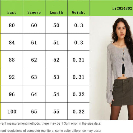 Women's Long Sleeve Short Sexy Hollow Button Knit Cardigan Top