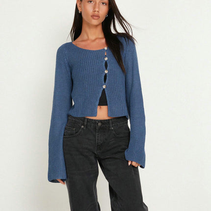 Women's Long Sleeve Short Sexy Hollow Button Knit Cardigan Top