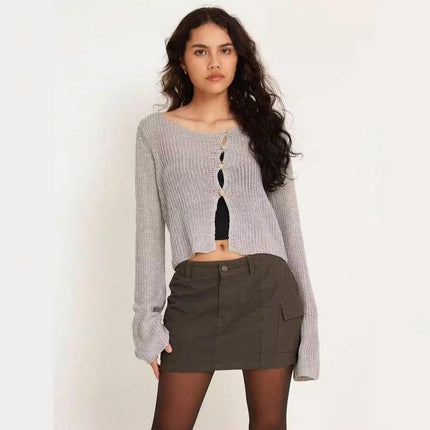 Women's Long Sleeve Short Sexy Hollow Button Knit Cardigan Top