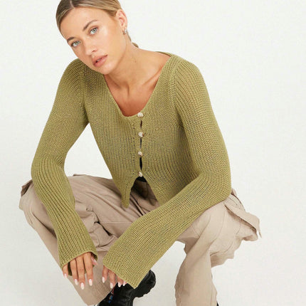 Women's Long Sleeve Short Sexy Hollow Button Knit Cardigan Top