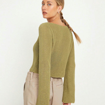 Women's Long Sleeve Short Sexy Hollow Button Knit Cardigan Top