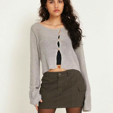 Women's Long Sleeve Short Sexy Hollow Button Knit Cardigan Top