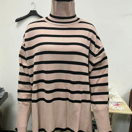 Women's Striped Turtleneck Sweater Long Sleeve Oversized Knitted Sweaters Side Split