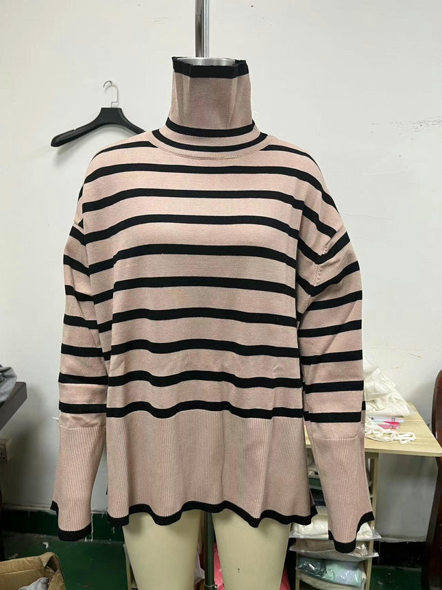Women's Striped Turtleneck Sweater Long Sleeve Oversized Knitted Sweaters Side Split