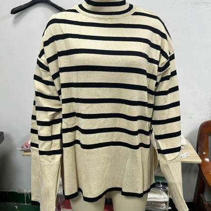 Women's Striped Turtleneck Sweater Long Sleeve Oversized Knitted Sweaters Side Split
