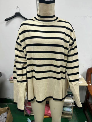 Women's Striped Turtleneck Sweater Long Sleeve Oversized Knitted Sweaters Side Split