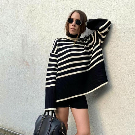 Women's Striped Turtleneck Sweater Long Sleeve Oversized Knitted Sweaters Side Split
