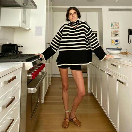 Women's Striped Turtleneck Sweater Long Sleeve Oversized Knitted Sweaters Side Split