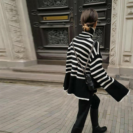 Women's Striped Turtleneck Sweater Long Sleeve Oversized Knitted Sweaters Side Split