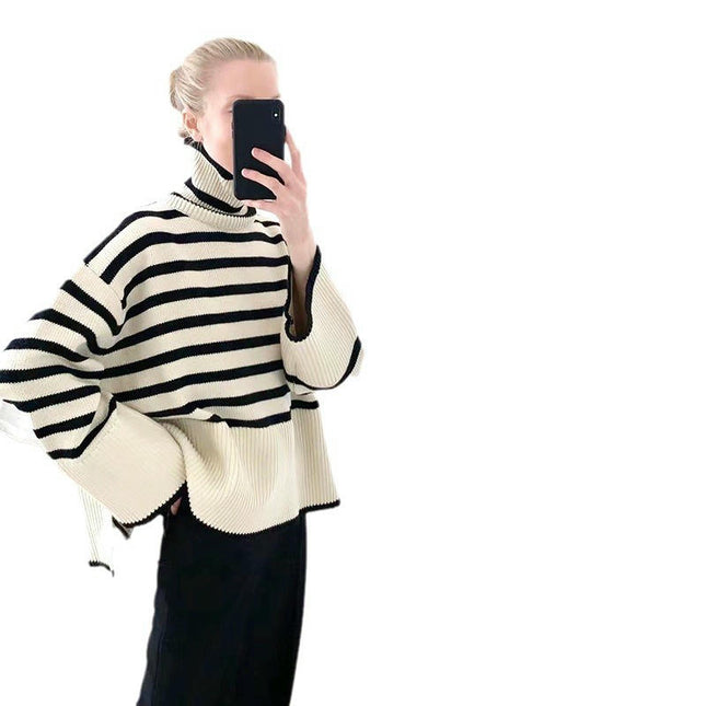 Women's Striped Turtleneck Sweater Long Sleeve Oversized Knitted Sweaters Side Split