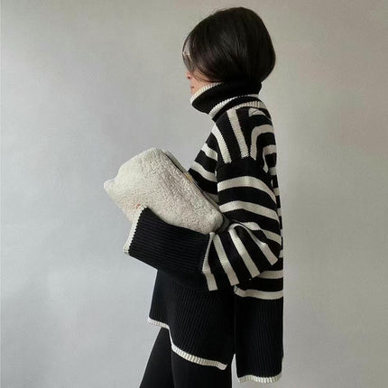 Women's Striped Turtleneck Sweater Long Sleeve Oversized Knitted Sweaters Side Split