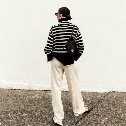 Women's Striped Turtleneck Sweater Long Sleeve Oversized Knitted Sweaters Side Split
