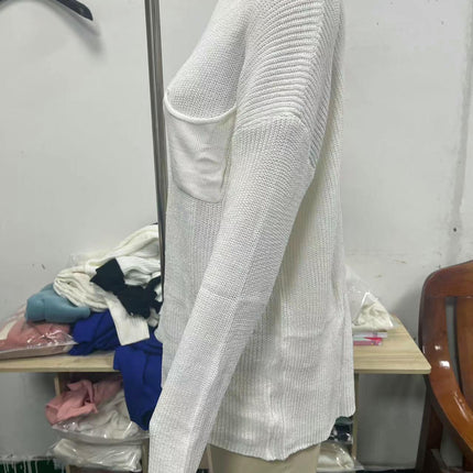 Women's Knitted Sweater Fall Long Sleeve Crewneck Loose Ribbed Hem Pullover with Pocket