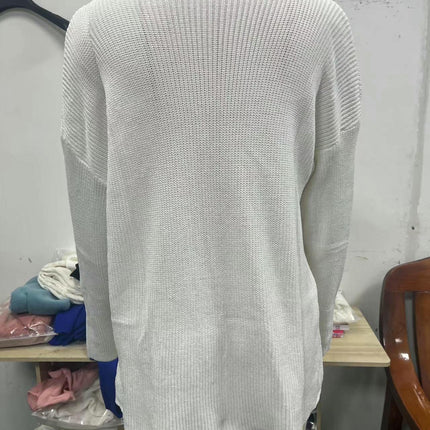 Women's Knitted Sweater Fall Long Sleeve Crewneck Loose Ribbed Hem Pullover with Pocket