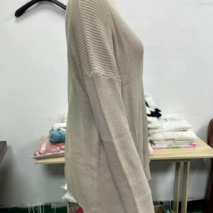 Women's Knitted Sweater Fall Long Sleeve Crewneck Loose Ribbed Hem Pullover with Pocket