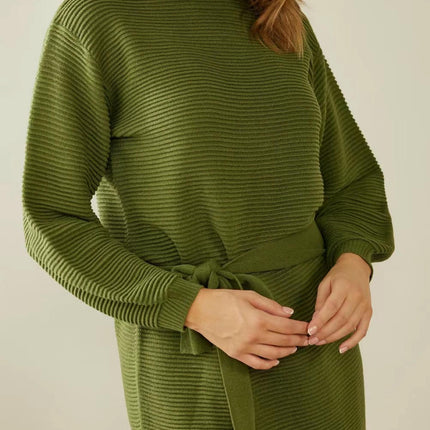 Autumn and Winter Sweater Women's Lace-up Solid Color Long Sleeve Knitted Sweater Dress