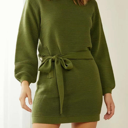 Autumn and Winter Sweater Women's Lace-up Solid Color Long Sleeve Knitted Sweater Dress