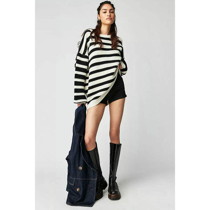 Women's Printed Striped Long Sleeve Pullover Round Neck Sweater