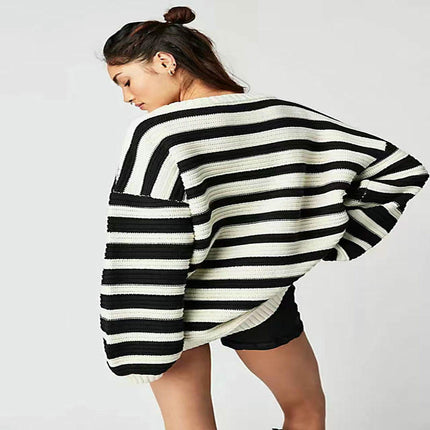 Women's Printed Striped Long Sleeve Pullover Round Neck Sweater
