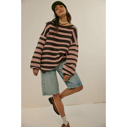 Women's Printed Striped Long Sleeve Pullover Round Neck Sweater