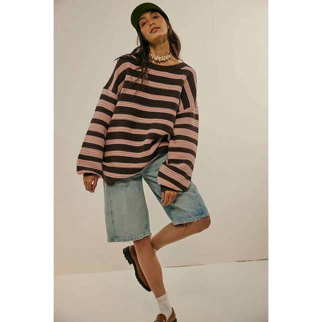 Women's Printed Striped Long Sleeve Pullover Round Neck Sweater
