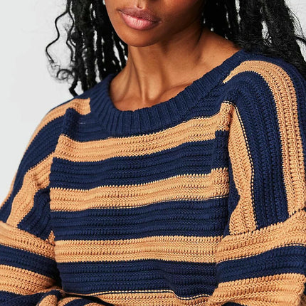 Women's Printed Striped Long Sleeve Pullover Round Neck Sweater