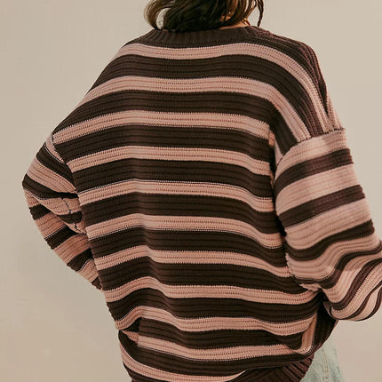 Women's Printed Striped Long Sleeve Pullover Round Neck Sweater
