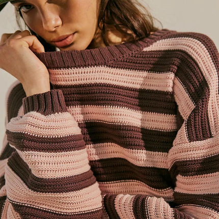 Women's Printed Striped Long Sleeve Pullover Round Neck Sweater