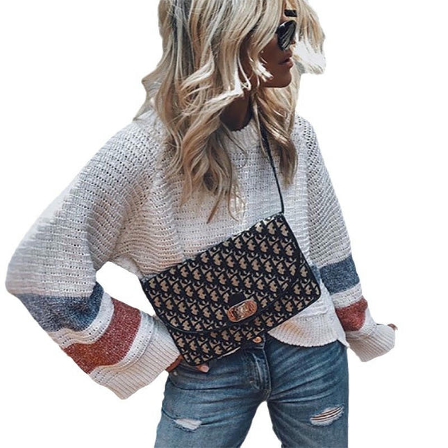 Sexy Hollow Knit Sweater Women's Round Neck Contrast Color Loose Knit Sweater Top