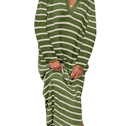 Women's Long Sleeve Striped Sweater Dress V Neck Collared Slit Casual Knit Maxi Dresses